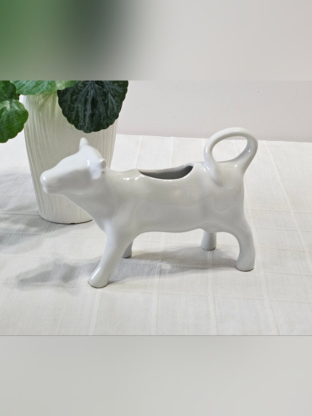 White Ceramic Cow Creamer Style Planter Farmhouse Decor 7 Inch
